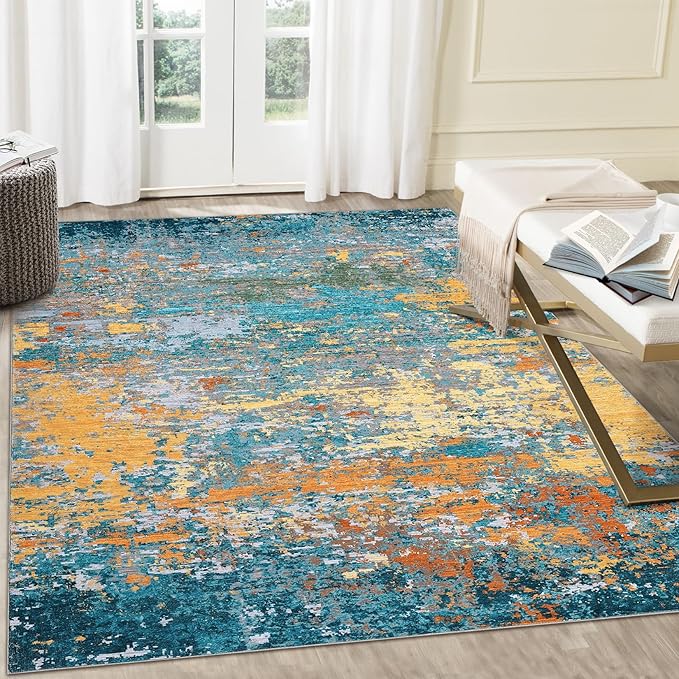 10x13 Modern Abstract Faux Wool Accent Rug for Living Room Low Pile Ultra Soft Stain Resistant Non Slip Non Shedding Throw Rug for Bedroom Home Decor, Multi Color