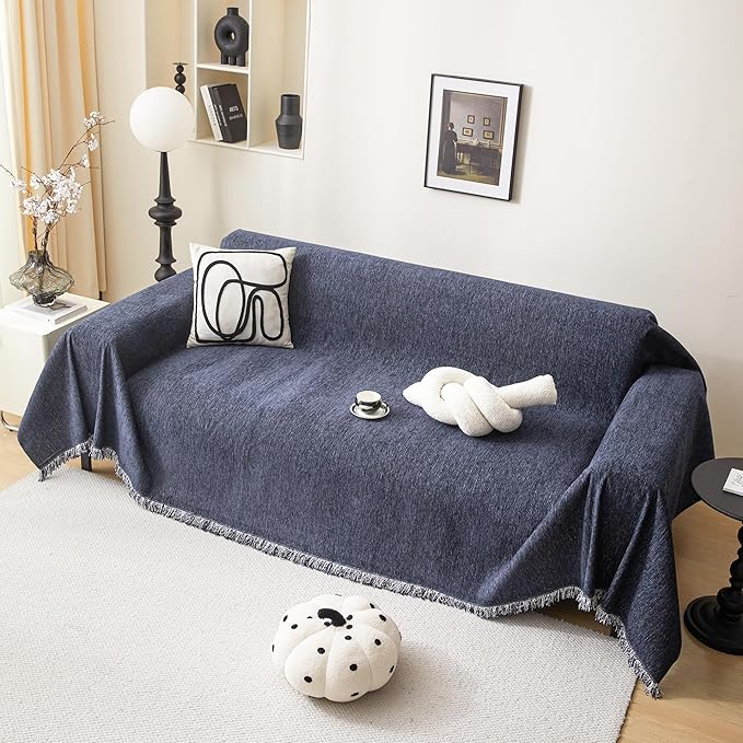 MEETSKY Washable Sofa Cover Navy Blue Sectional Couch Covers for 2 Cushion Couch Sofa Thick Universal Chenille Sofa Covers with Tassel Furniture Protector for Dogs, 71"x 102"