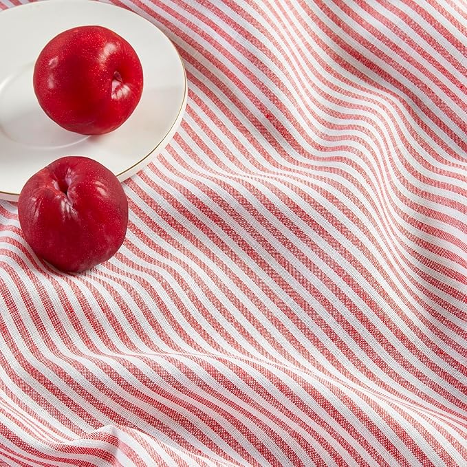 Solino Home Linen Striped Tablecloth 60 x 144 Inch - 100% Pure Linen Red and White Table Cloth for Rectangle Tables - Narrow Stripe, Machine Washable Tablecloth