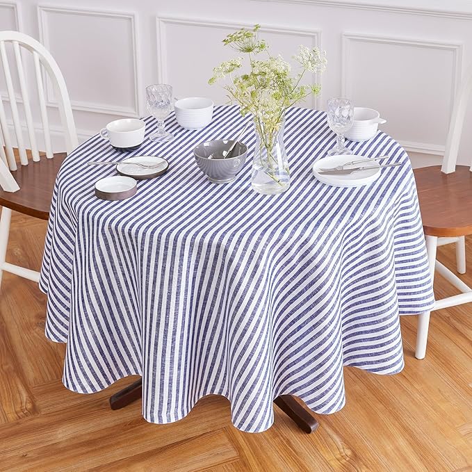 Solino Home Linen 60 Inch Round Tablecloth - Amalfi Stripe, 100% Pure Linen Navy and White Round Tablecloth - Machine Washable Table Cloth for Fall, Autumn, Thanksgiving, Christmas, Winter