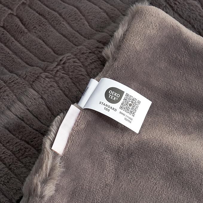 Amélie Home Luxury Striped Faux Fur Throw Blanket for Bed Queen Size, Soft Cozy Fuzzy Fluffy Plush Gift Blankets for Women, 88"x90", Charcoal Gray