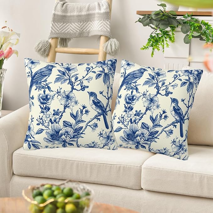 Blue Bird and Flowers Pillow Covers 18X18 Set of 2, Vintage Toile Wild Floral Decorative Throw Pillow Covers, Pillowcase Cushion Case for Home Sofa Couch Indoor Outdoor Decorations