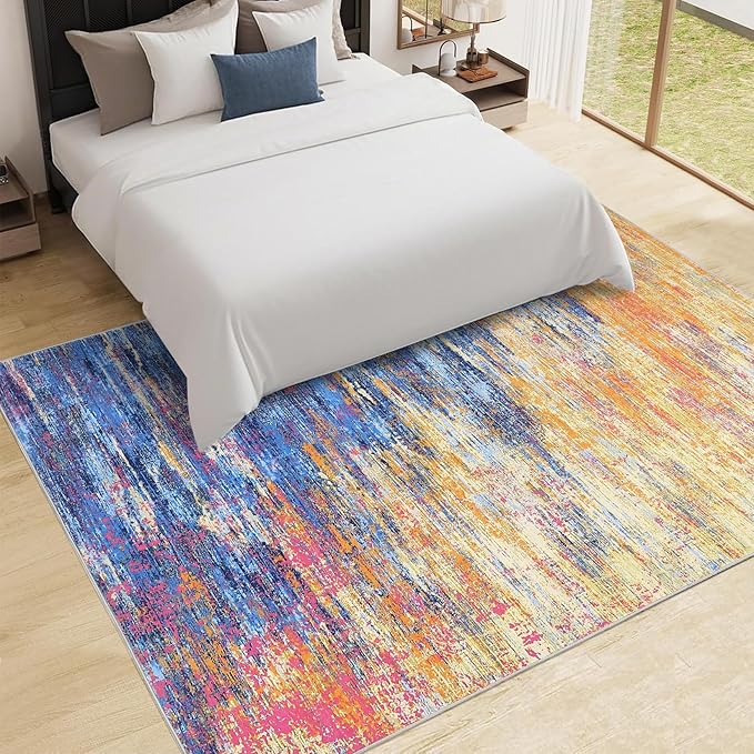 Washable Rug 5x7 Abstract Area Rug for Living Room, Non Slip Foldable Soft Rugs for Bedroom, Stain Resistant Rugs Modern Fuzzy Rug, Indoor Floor Carpet for Entryway Home, Blue/Orange