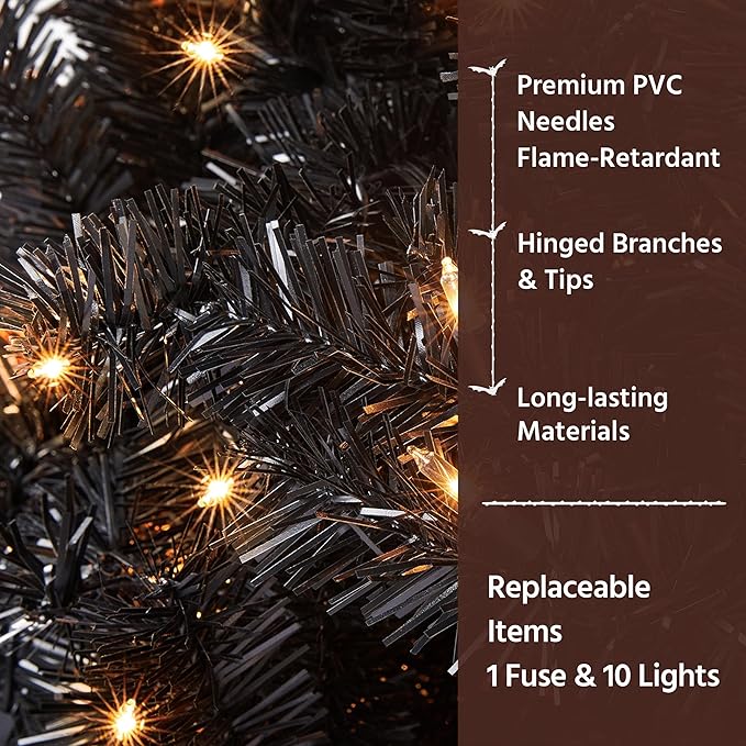 Yaheetech 4ft Pre-lit Halloween Black Spruce Artificial Hinged Christmas Pine Tree Prelighted Xmas Tree for Home Party Holiday Decoration with 70 Clear Warm White Lights and 110 Branch Tips, Black