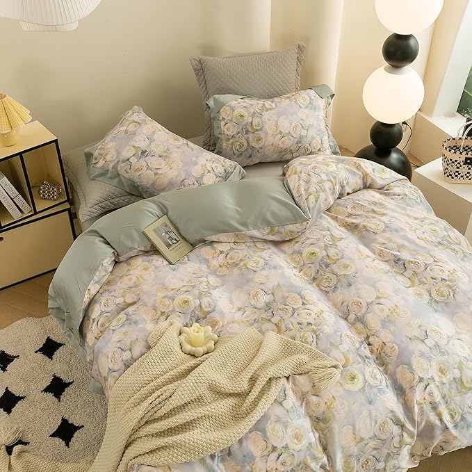 ECOCOTT Bedding 3-Piece Duvet Cover Queen Size, Silky Soft 100% Lyocell, Hypoallergenic & Eco-Friendly Whispering Roses Bedding, Cooling & Breathable for Hot Sleepers, Dreamy Floral Pattern