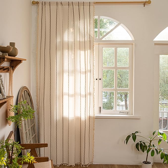 Sutuo Home Boho Curtains 84 Inches Long for Bedroom Living Room,Bohemian Drape Light Filtering Country Semi Blackout Farmhouse Window Treatment Rod Pocket, 1 Panel W52 x L84,White and Coffee
