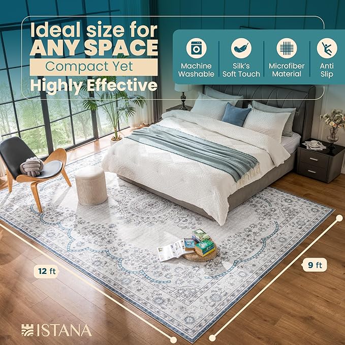 Istana 9x12 Area Rug - Pink Beige Whisper/Grey/Blue Area Rugs - Foldable Washable Area Rugs Living Room - Stain Resistant Washable Rugs for Living Room - 9x12 Rugs