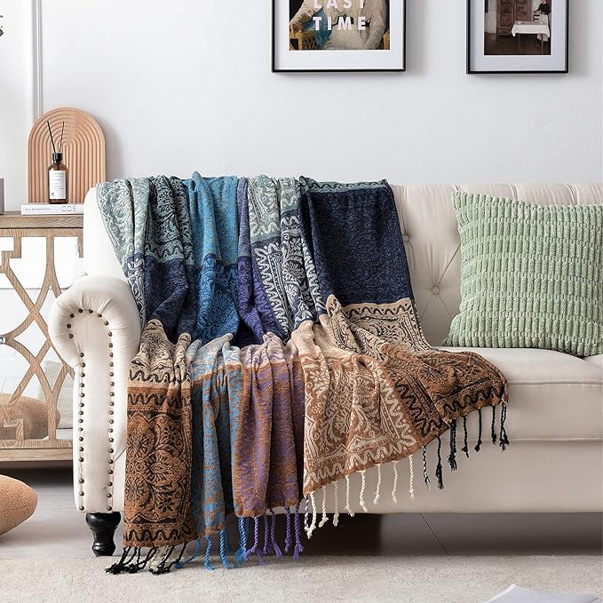 Boho Throw Blanket, Chenille Jacquard Tassels Throw Blankets for Bed Couch Sofa Chair，Bohemian Decor Couch Cover (Purple, Large 86 * 102Inches)