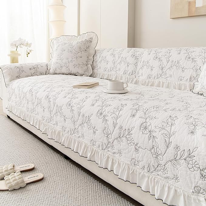 Couch Cover Sofa Covers Washable, Cotton Boho Floral Sofa Slipcovers for 2 Cushion, Non-Slip Furniture Protector for Dog Pet, L Shaped Recliner Sectional Couch Cover White,36"X47"(Only 1 Pcs)