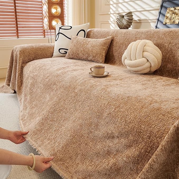 ROOMLIFE Boho Khaki Couch Cover for Dogs, Washable Non Slip Furniture Protector Couch Sofa Covers for 3 Cushion Couch, Soft Chenille Sofa Slipcovers Couch Cover Throw Blanket with Tassels 71''X118''