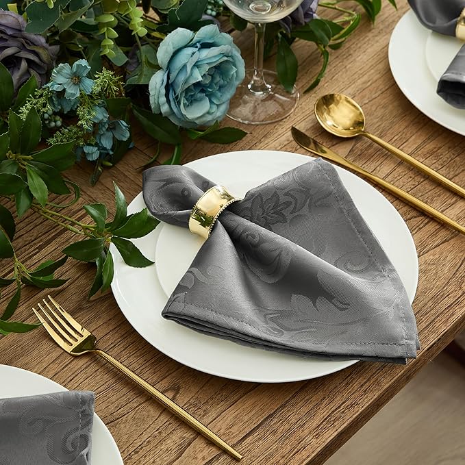 Newbridge Barcelona Damask Fabric Tablecloth, 52 x 52 Inch Square, Grey – No Iron, Soil Resistant Table Cover for Dining, Parties and Holidays