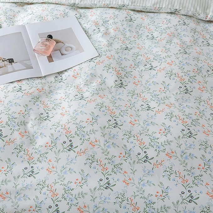 HoneiLife Botanical Duvet Cover Queen - 100% Cotton Comforter Cover Sets, Floral Duvet Cover Sets,Wildflower Bedlinen Set for Queen Beds