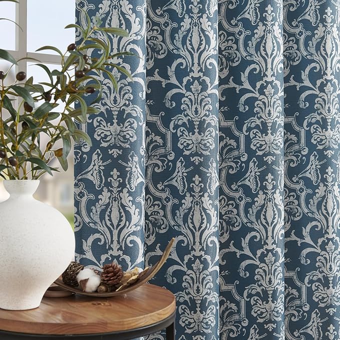 jinchan Room Darkening Curtains for Bedroom Blue Damask Patterned Curtains 108 Inch Length for Living Room Linen Textured Vintage 9FT Long Drapes Medallion Window Treatments Grommet Top 2 Panels Set