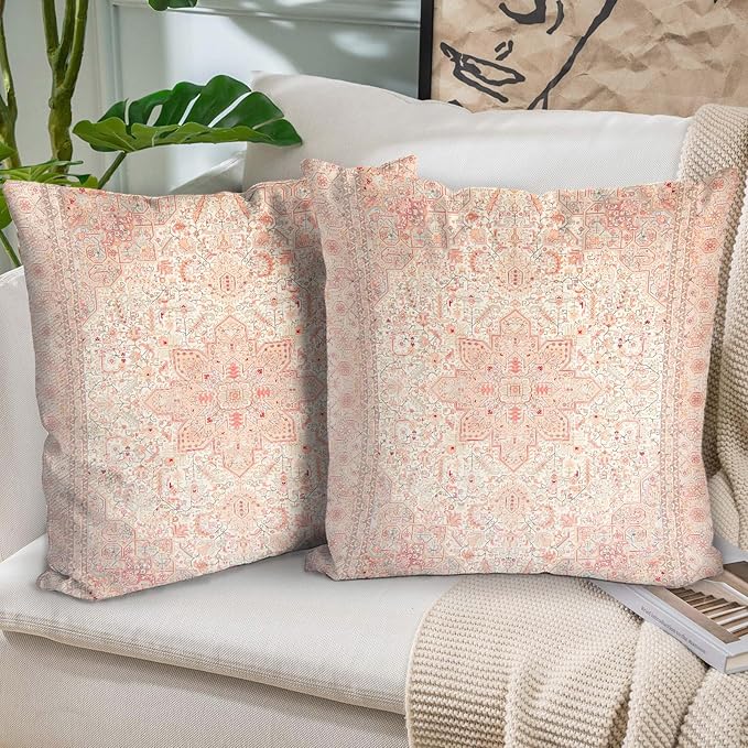 Boho Throw Pillow Covers 16x16 inch Set of 2,Bohemian Vintage Carpet Pattern Antique Ethnic Decor Double Sided Pattern Cushion Cover Soft Pillow Case Living Sofa Room Bed Square Pillow Cover