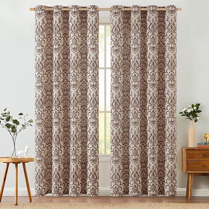 jinchan Linen Bedroom Curtains Brown Damask Patterned 72 Inch Long Living Room Light Filtering Vintage Baroque Style Drapes Grommet Window Treatments 2 Panel Set
