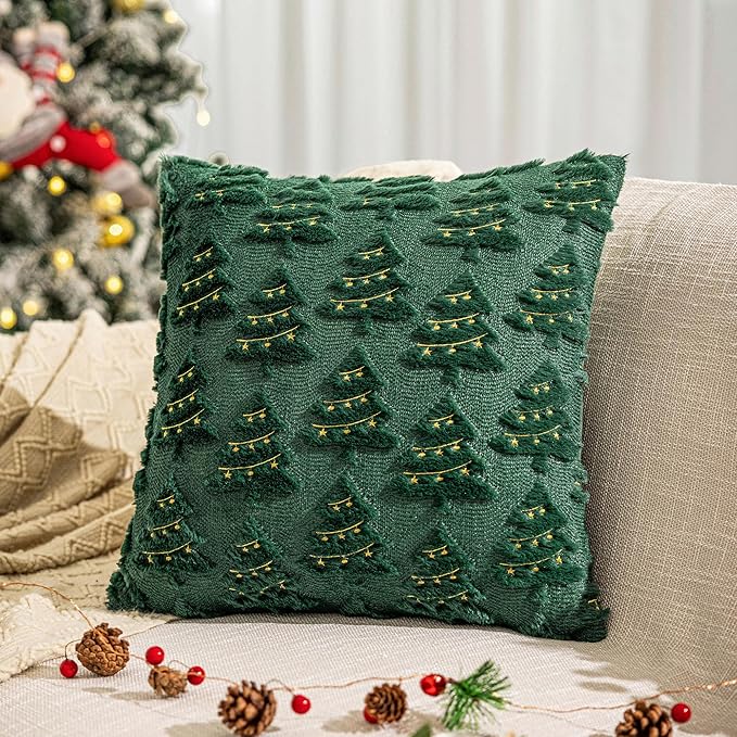 AQOTHES Christmas Tree Decorative Green White Throw Pillow Covers 18x18 Set of 2, Faux Fur Farmhouse Throw Pillows Cushion Cases for Xmas Winter Holiday Home Decor