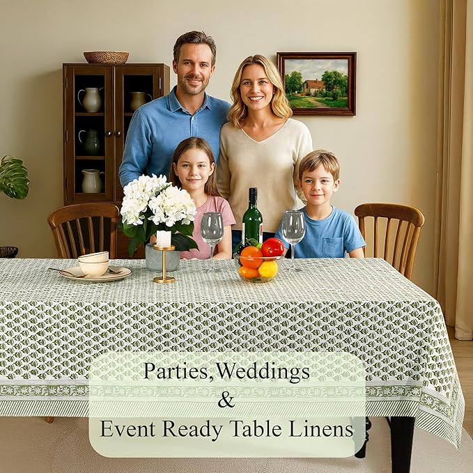 CPC Tablecloth 100% Cotton 72x190 Inch Indian Block Print Rectangle Table Cover, Green Table Cloth for Weddings, Spring, Easter, Valentines- Emerald Green