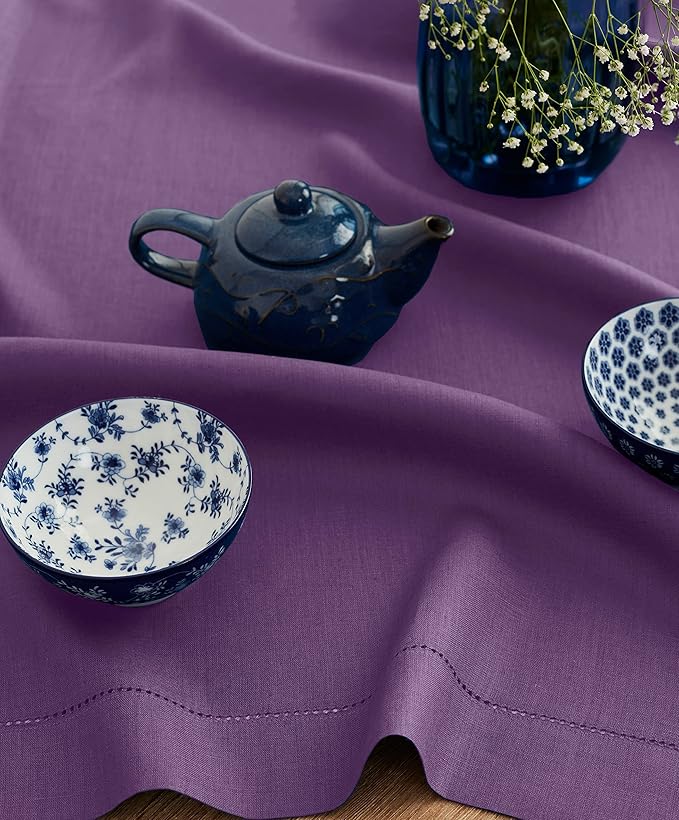 Solino Home Square Linen Tablecloth 52 x 52 Inch - 100% Pure Linen Purple Table Throw - Classic Hemstitch, Machine Washable Table Cloth for Fall, Autumn, Thanksgiving