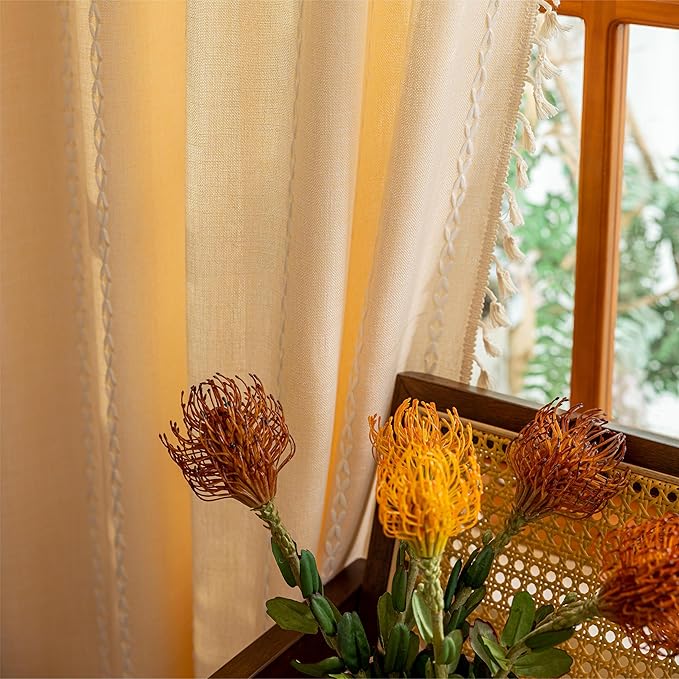 Sutuo Home Boho Curtains for Bedroom Dining Room Kitchen, Light Filtering Linen Farmhouse Shabby Chic Tassels Window Treatment Bohemian Embroidery Drape, Rod Pocket 1 Panel 52" W x 63" L Champagne