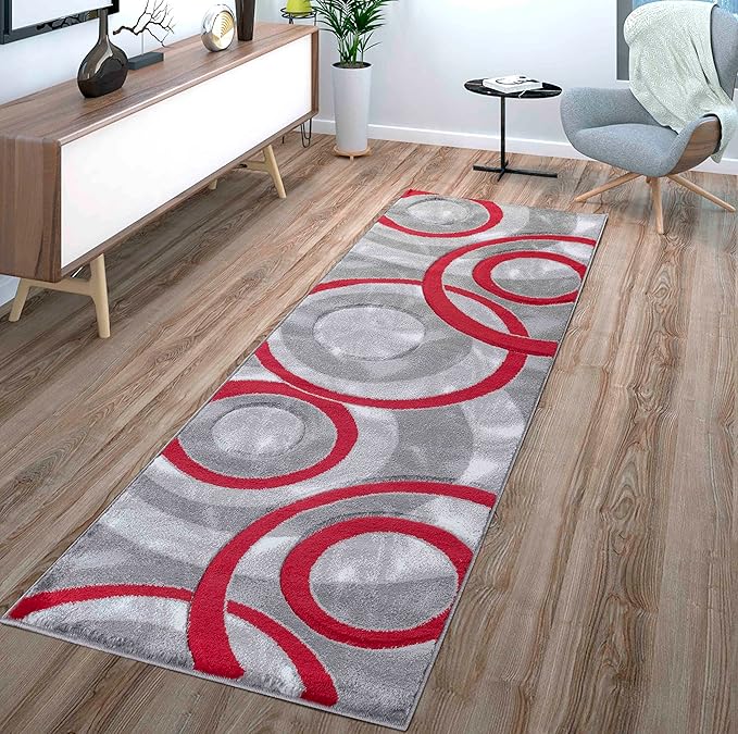 GLORY RUGS Area Rug Modern 2x7 Light Red Circles Geometry Soft Hand Carved Contemporary Floor Carpet Fluffy Texture for Indoor Living Dining Room and Bedroom Area