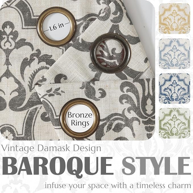 jinchan Linen Curtains for Bedroom Grey Damask Patterned Curtains 72 Inches Long for Living Room Light Filtering Vintage Baroque Style Drapes Grommet Window Treatments 2 Panels Set