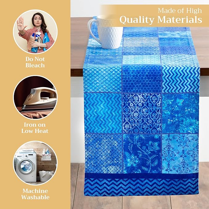 Maison d' Hermine Table Runner 100% Cotton Double Layer Table Runners 72 inches Long Decorative for Kitchen Dining Party Baby Shower Wedding Bridal Shower Spring Summer (Indigo Love, 14.50" x 72")