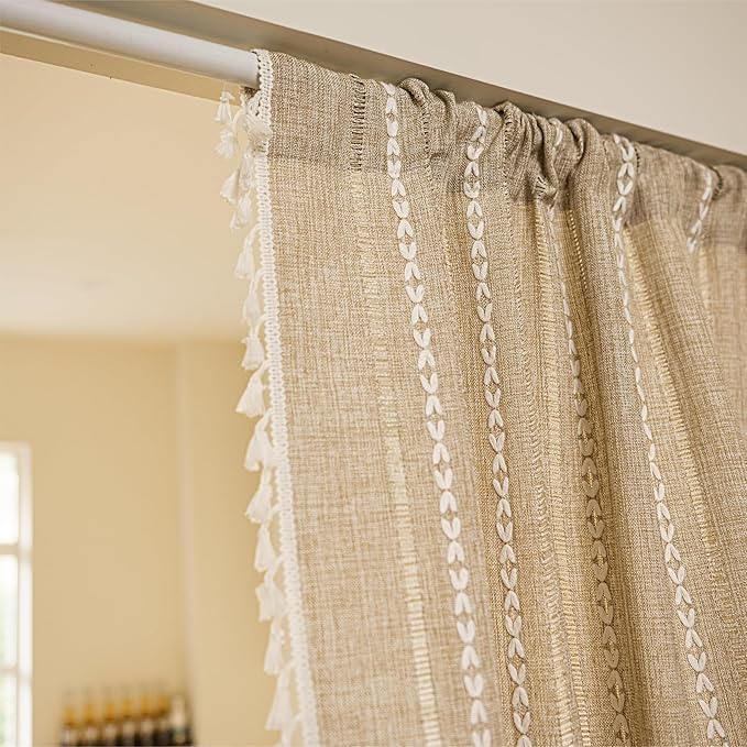 Sutuo Home Boho Door Curtains for Doorway, Bohemian Semi Blackout Curtains Privacy Embroidery Drape Decor for Temporary Room Dividers Bedroom Living Room, Rod Pocket 1 Panel 37" W x 80" L, Natural