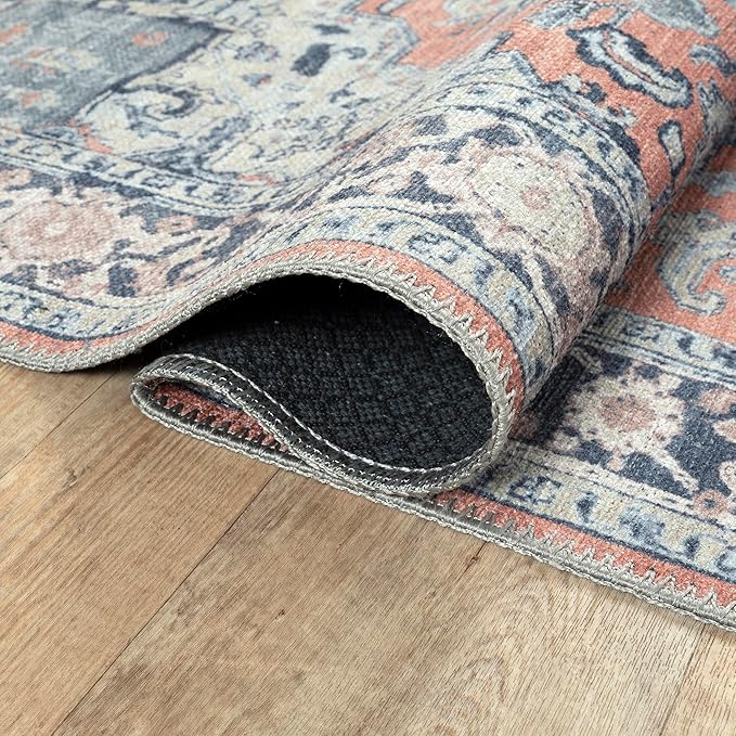 Bloom Rugs Washable Non-Slip 10 ft Runner - Coral/Blue Traditional Medallion Runner for Entryway, Hallway, Bathroom, and Kitchen - Exact Size: 2.5' x 10'