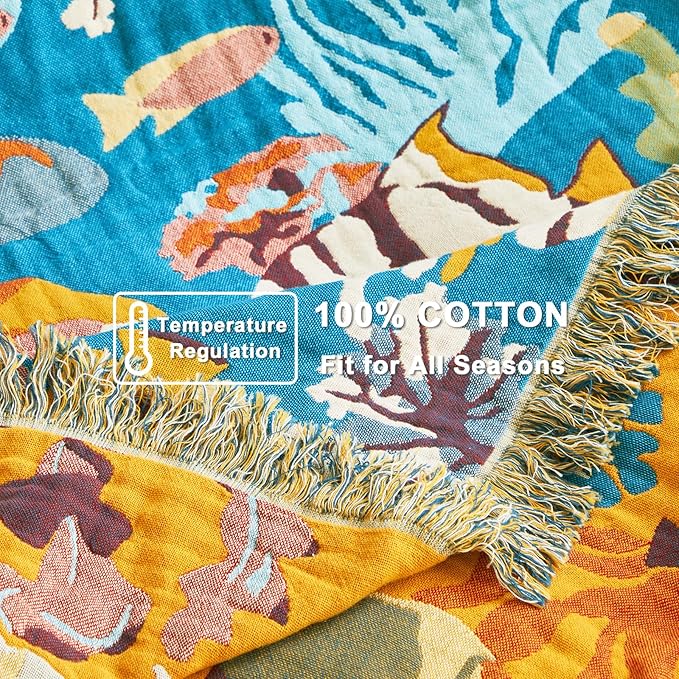Throw Blanket for Couch Sofa 100% Cotton Blankets for Bedroom Living Room Soft All Season Reversible Underwater Ocean Life Embroidery Throws Coastal Home Decor 50"x60"