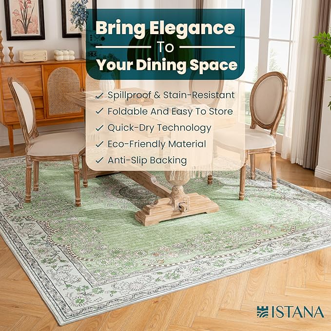 Istana 8x10 Area Rug - Green 8x10 Rugs for Living Room - Foldable Rugs for Bedroom - Stain Resistant Washable Rug - Eco-Friendly Area Rugs - Easy to Clean Living Room Rug