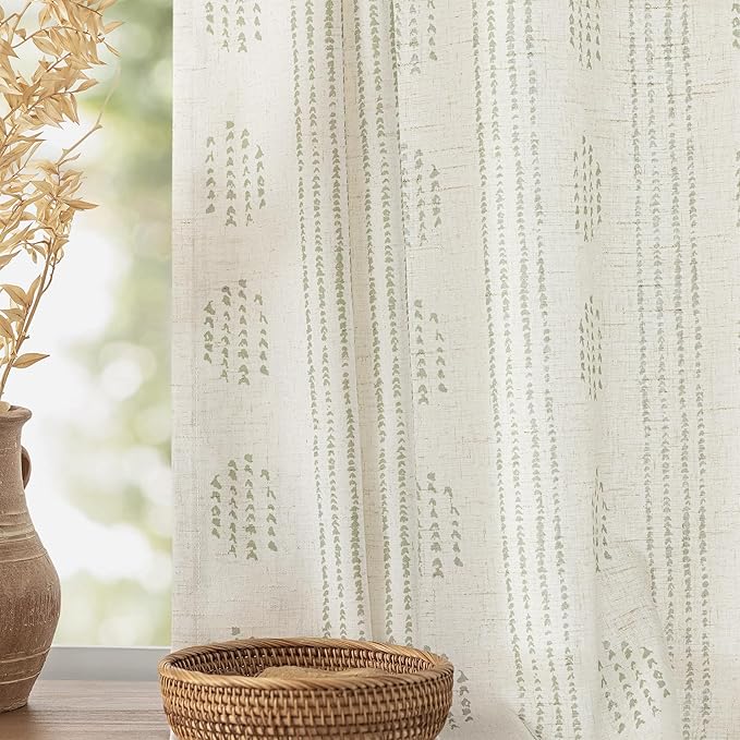 Boho Linen Curtains for Bedroom Living Room Sage Green Farmhouse Boho Curtains 63 Inch Length Geometric Striped Patterned Mudcloth Grommet Top Rustic Window Drapes 2 Panels Green on Beige