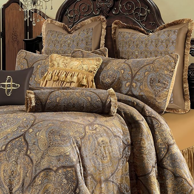 Loom and Mill Jacquard Comforter Set-9 Piece, Luxury Classic Antique Comforter Set King, Ultra Soft Damask Bedding with Euro Shams, Bedskirt, Filled Decorative Pillows(Cambridge, King),Bronze Gold