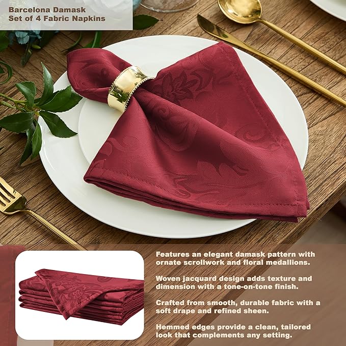 Newbridge Barcelona Damask Fabric Napkins, Set of 4, Burgundy – No Iron, Soil Resistant Cloth Napkins for Dining, Parties and Holidays