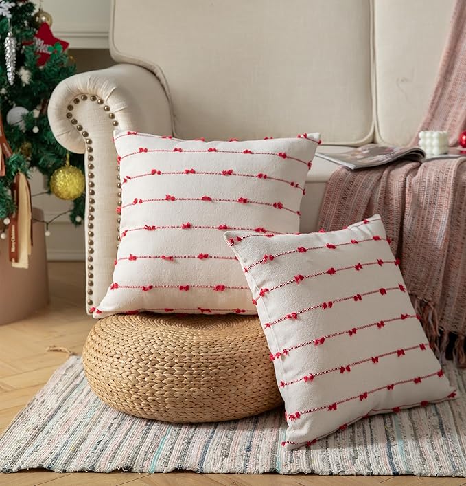 Caflife Boho Christmas Throw Pillow Covers 20x20 inches Beige and Red, Set of 2 Modern Farmhouse Holiday Decorative Pillow Covers for Couch Sofa Bed, Living Room