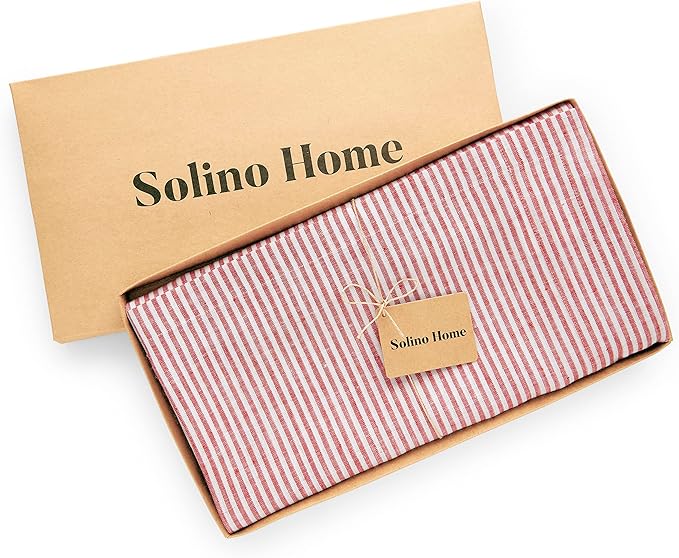 Solino Home Linen Striped Tablecloth 60 x 132 Inch - 100% Pure Linen Red and White Table Cloth for Rectangle Tables - Narrow Stripe, Machine Washable Tablecloth