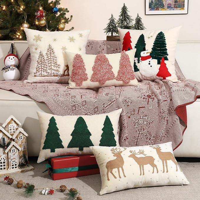 Lewondr Christmas Throw Pillow Covers, 2 Pack Christmas Tree Embroidery Decorative Throw Pillow Case Sofa Cushion Cover for Party Thanksgiving Day Xmas Decor 12"x20"(30x50cm), Beige