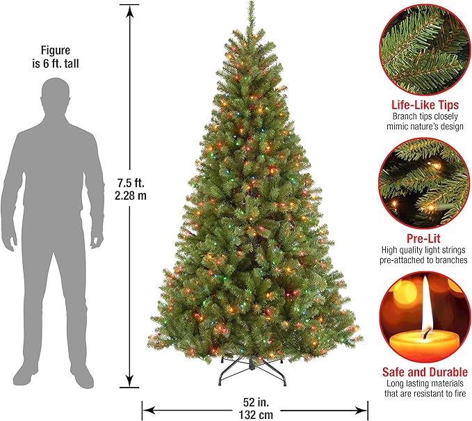 National Tree Company 7.5 ft Pre-Lit North Valley Spruce Artificial Christmas Tree, 550 Multicolor Lights, 1,346 Tips, Includes Stand, Green