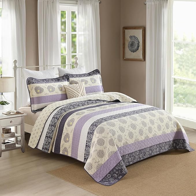 Homzard Cotton King Size Quilt Set,Purple Beige Quilted Comforter,Striped Floral Pattern Bedding Set,Lightweight Reversible 3 Piece Bedspread,3 Piece