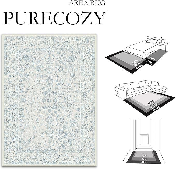 6x9 Blue Area Rug Non Slip Vintage Living Room Distressed Machine Washable Carpet Traditional Indoor Bedroom Blue Retro Floral Accent Throw Rug for Office Kitchen Dorm Dining Room