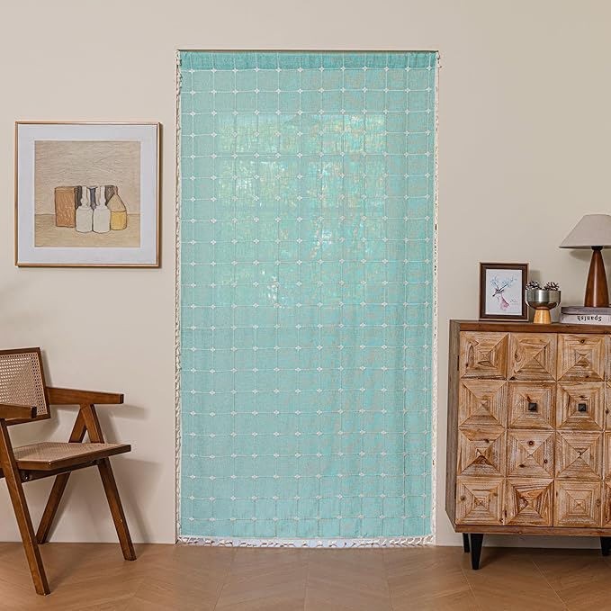 Sutuo Home French Door Curtains for Patio Doorway, Bohemian Semi Blackout Linen Curtains Tassels Farmhouse Strips Checkered Decor Window Treatments, Rod Pocket 1 Panel 37" W x 80" L, Aqua Blue Plaids