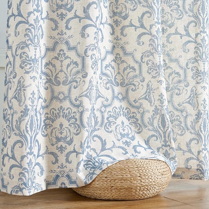 jinchan Curtains for Bedroom, Light Filtering 96 Inch Length 2 Panels Set, Baroque Style Linen Blend Drapes Living Room, Vintage Damask Window Treatments, Grommet Top Blue on Flax, W52 X L96