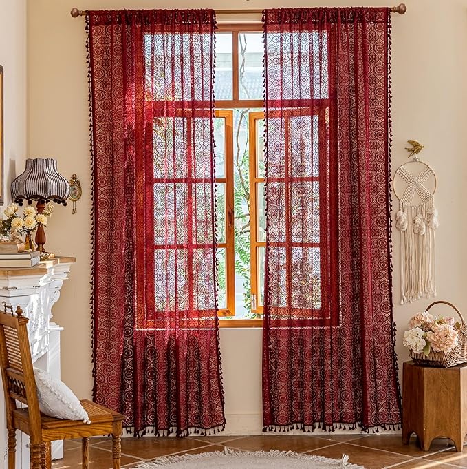 Burgundy Curtains for Living Room 2 Panels Cottage Maroon Tassel Lace Curtain Panels 96 Inches Long Boho Wine Macrame Curtains Xmas Christmas Farmhouse Themed Winter Décor 8ft 52"W x 96"L Red