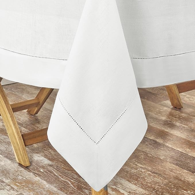 D'Moksha Homes White Linen Tablecloth for Rectangle Tables 60 x 102 Inch - Classic Hemstitch 100% Pure Linen White Table Cloth - Machine Washable Dining Tablecloth for Thanksgiving, Christmas, Holiday