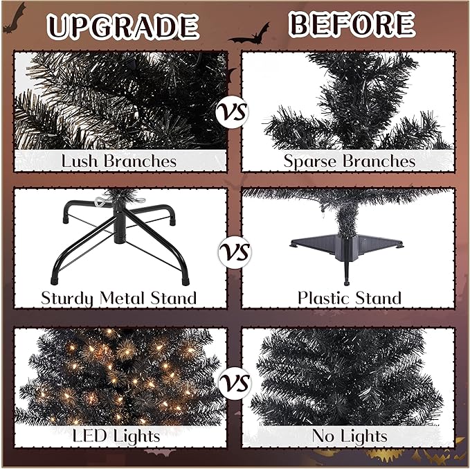 Yaheetech 4ft Pre-lit Halloween Black Spruce Artificial Hinged Christmas Pine Tree Prelighted Xmas Tree for Home Party Holiday Decoration with 70 Clear Warm White Lights and 110 Branch Tips, Black