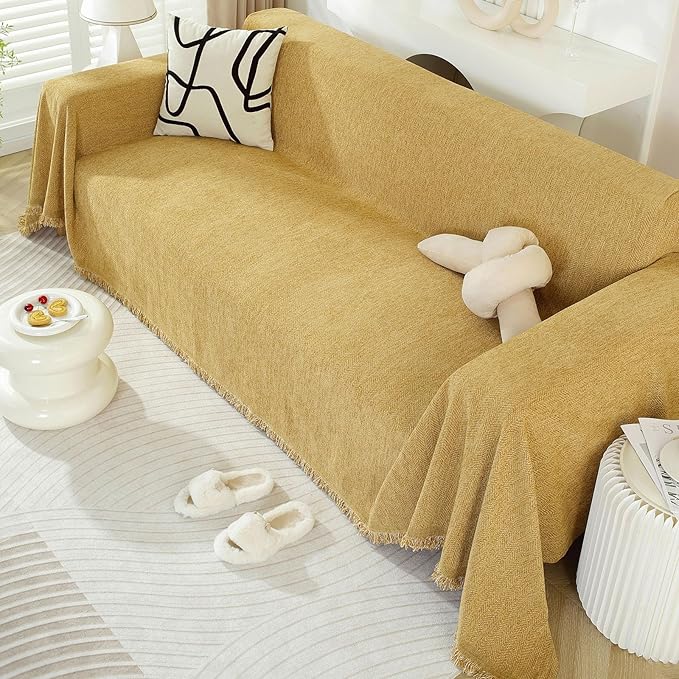 DREAMINGO Modern Minimalism Couch Cover Pets Loveseat Protector Mustard Yellow Chenille Sofa Covers for Sectional 3 Seat Couch Boho Herringbone Furniture Cover Throw Sofa Slipcover, 71"x118"