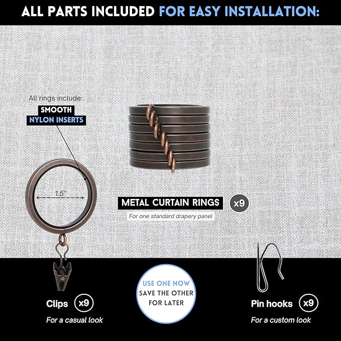 BlastHome® Luxury Curtain Rings - Premium Metal with Quiet, Smooth Nylon Inserts - Pinhooks and Clips Included - 1 1/2" Inside Diameter - 9 Rings for One Standard Curtain - Oil Rubbed Bronze