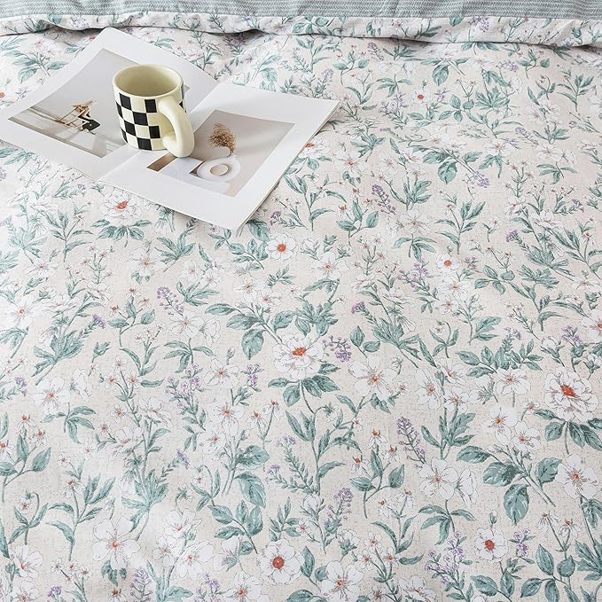 HoneiLife Floral Duvet Cover King - 100% Cotton Comforter Cover, Soft Botanical Bedlinen Set with Zipper Closure & Corner Ties,3-Piece Wildflower Comforter Cover Sets, Greenery
