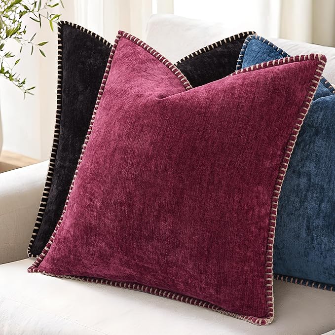 decorUhome Christmas Chenille Soft Throw Pillow Covers 22x22 Set of 2, Farmhouse Velvet Neutral Decorative Euro Pillow Covers with Stitched Edge for Couch Sofa Bed Home Decor, Rhododendron