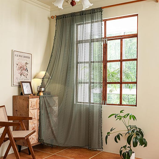Sutuo Home Boho Curtains 120 inches Long, Crochet Lace Sheer Bohemian Hollow Knitted Cute Tassels, Vintage Farmhouse for Bedroom Living Room Nursery Dining Room, 1 Panel 59" W x 120" L,Olive Green