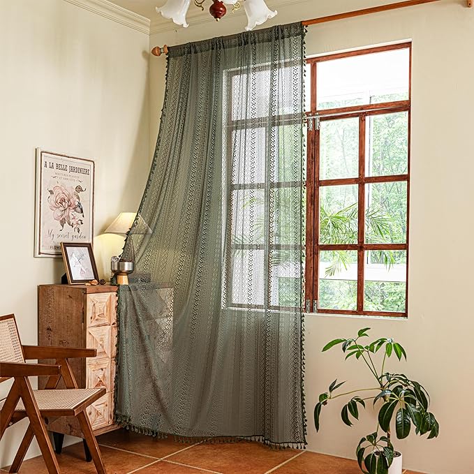 Sutuo Home Olive Green Boho Curtains 96 inches Long for Living Room Bedroom,Crochet Lace Sheer Bohemian Hollow Knitted Handmade Tassels, Vintage Farmhouse Xmas Decor, 1 Panel 59" W x 96" L